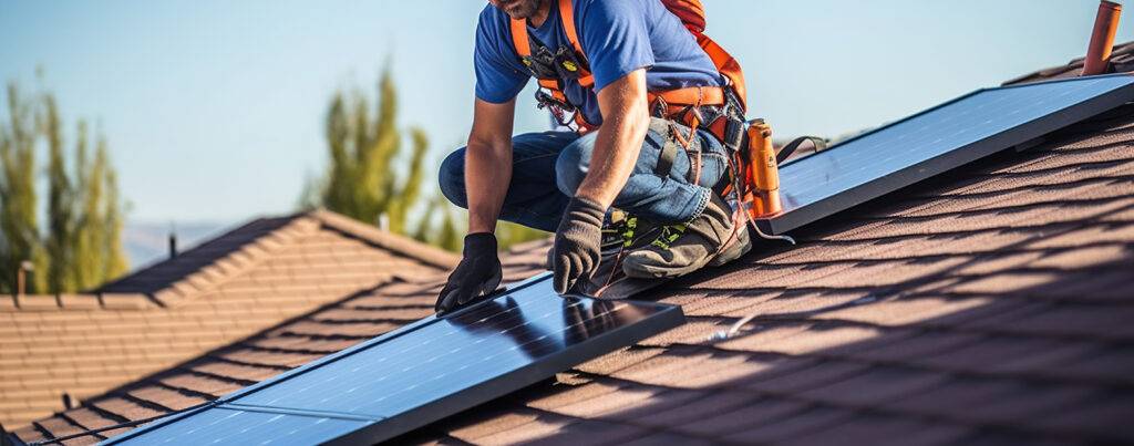 A worker installs solar panels on the roof of a house, Generative AI